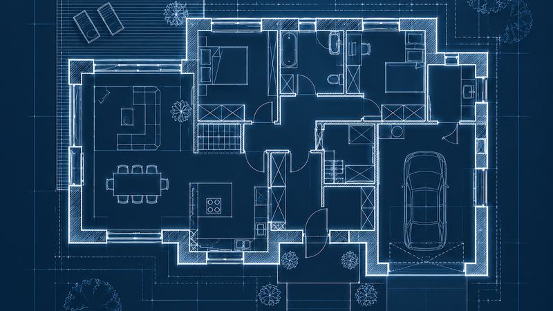 Zdjęcie poglądowe: rzut domu jednorodzinnego w formie rysunku technicznego