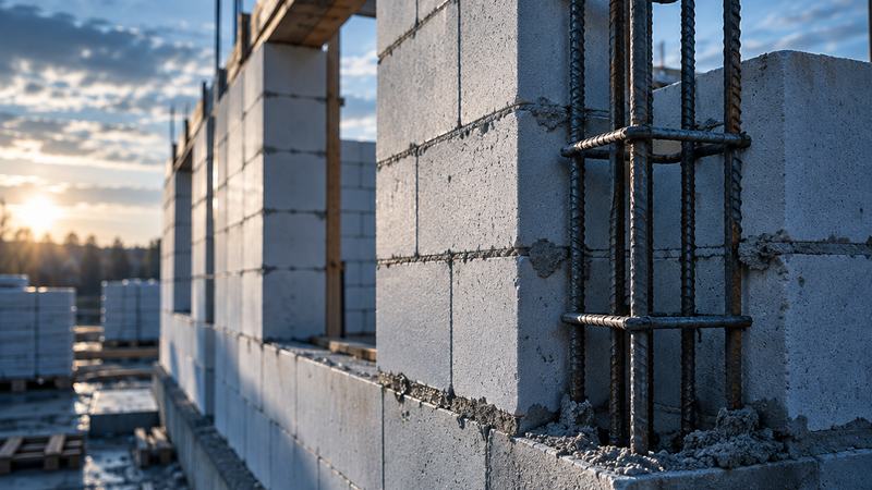 Zdjęcie poglądowe: mur z bloczków i narożnik zbrojenia