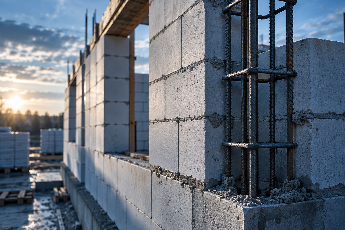 Zdjęcie poglądowe: mur z bloczków i narożnik zbrojenia